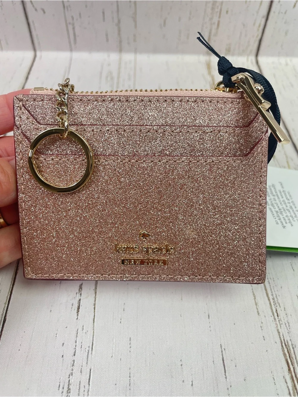 Kate Spade New York Burgess Court Lalena Card Holder *Rose Gold Glitter *NWT